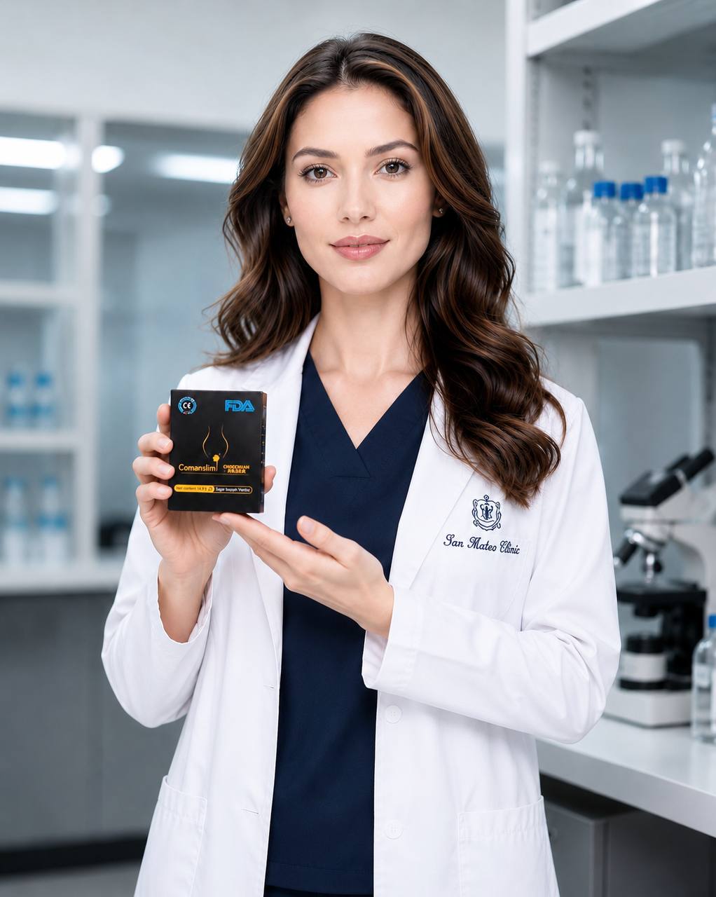 Comanslim medical advisor in the clinic lab holding the product
